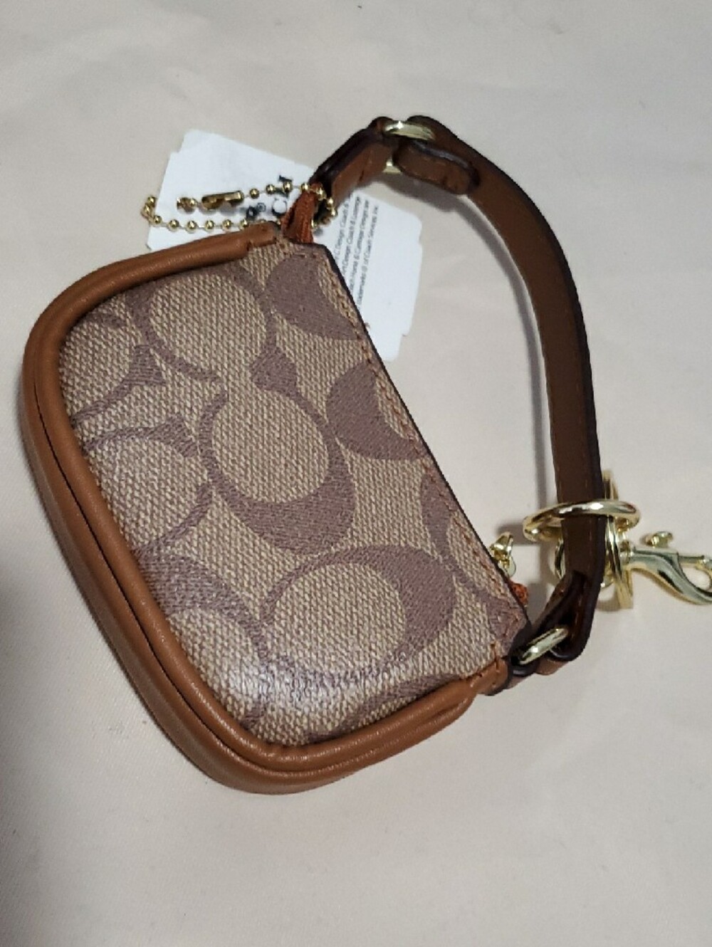Brown Signature Mini Wristlet Key Pouch with Gold Hardware - Picture 6 of 9